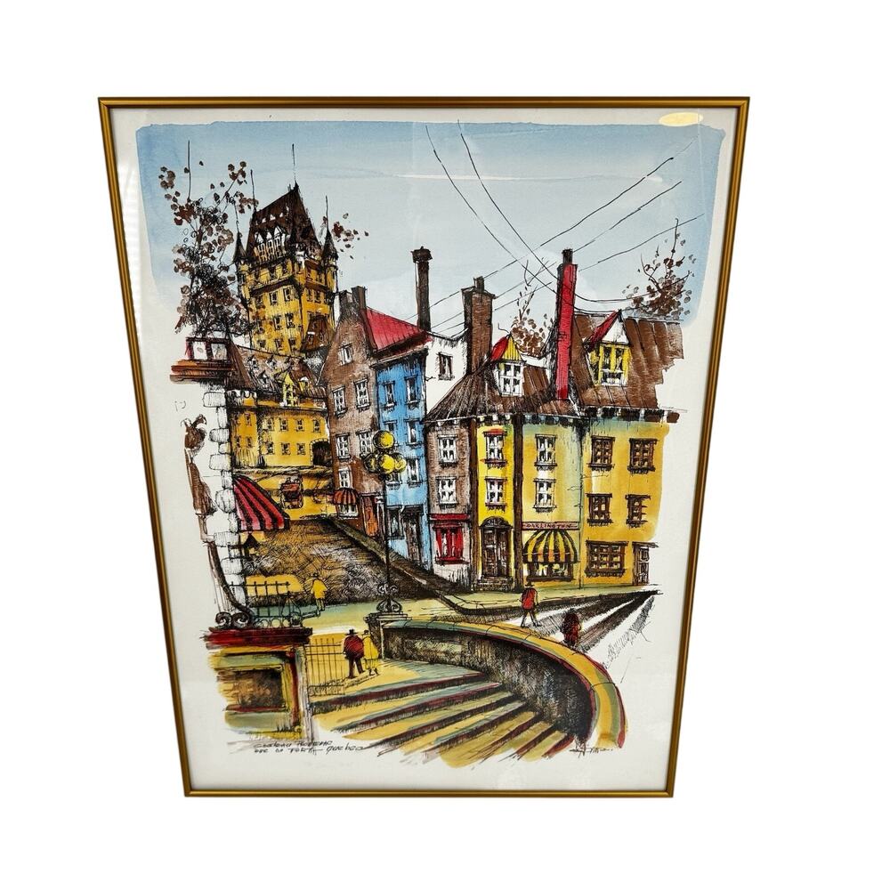 Chateau Frontenac Signed Ink and Watercolor Art Print Canadian Street Scene RARE